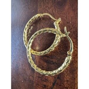 14K Solid Gold Weave 30mm Pattern Hoop Earrings for Women